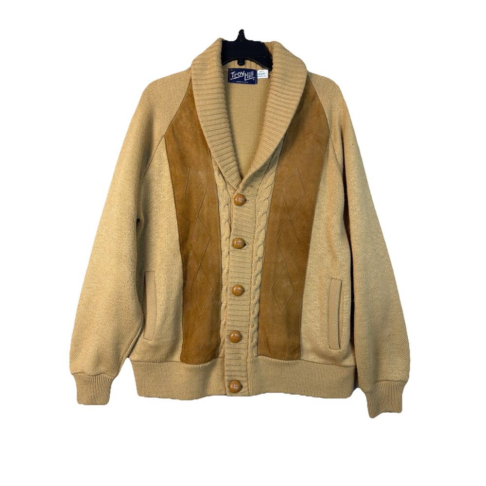 Vtg Troy Hill Cardigan Men's L Tan Grandpa Leather Western Sweater‎ Shawl USA